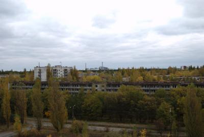 Pripyat - Hotel Polissya - View of workers houses and Reactor 4