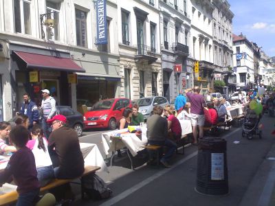 Giant Picnic Table (view down Rue du Midi towards Rue du Lombard)