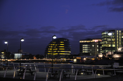 The weird Greater London Authority building across the Thames from around Sugar Quay in the evening